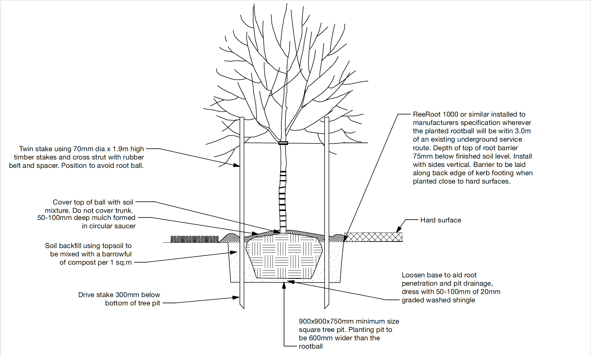 Technical tree planting and staking construction detail with specification annotations