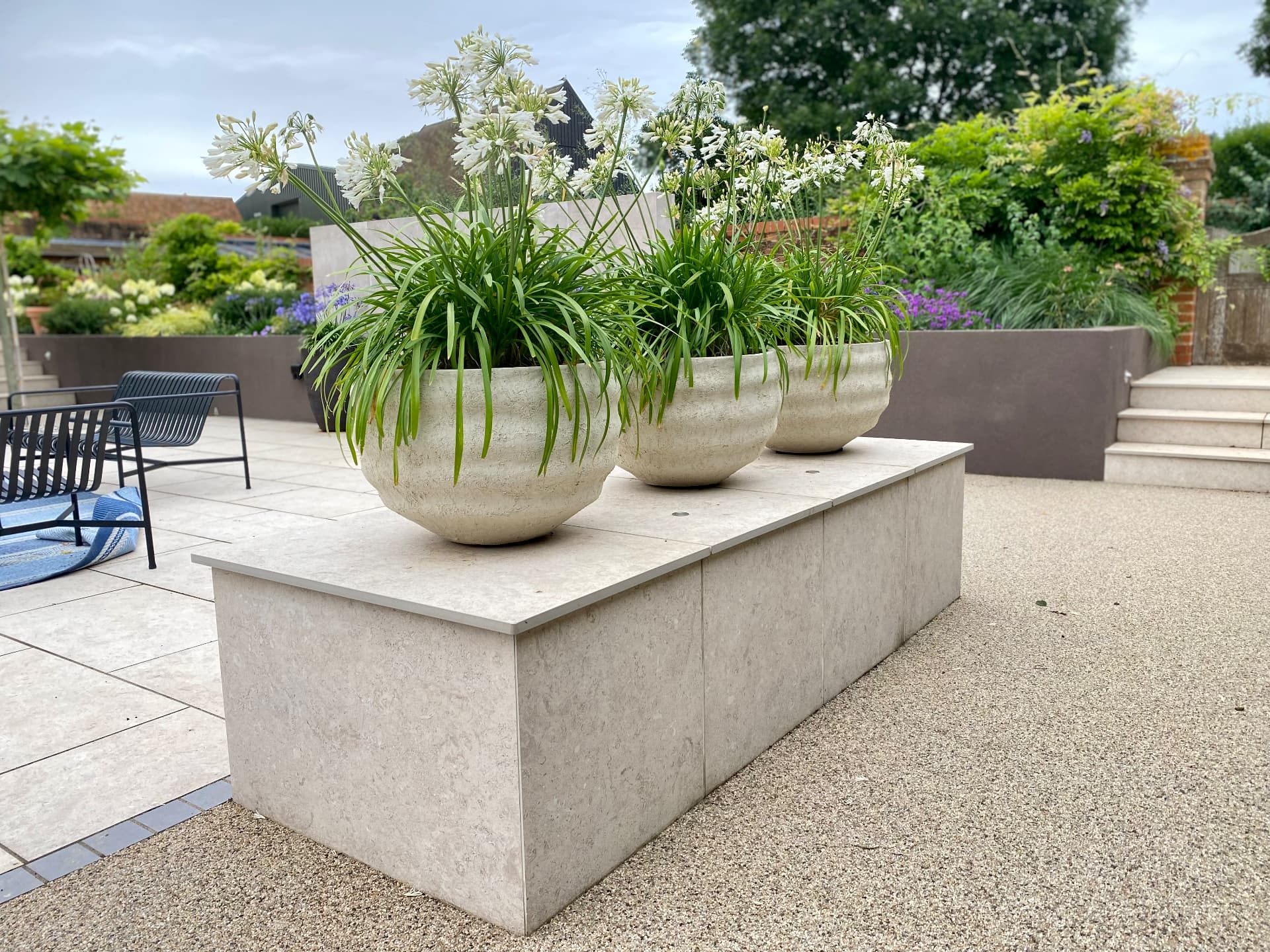 Pale stone bench with agapanthus planters on the raised terrace, steps and planting behind