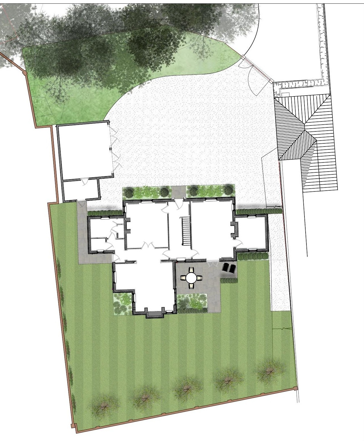 Garden layout plan for a plot at St George’s Court, showing lawn, gravel court, hedging and tree planting