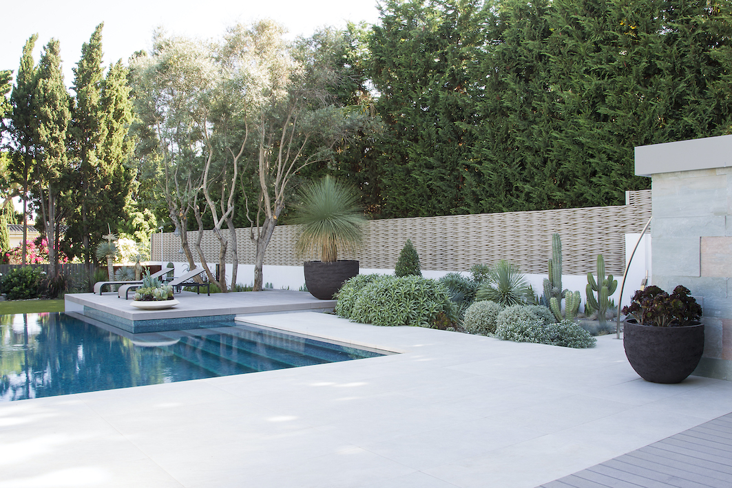Swimming pool with pale paving, multi-stem trees, dark planters, drought-tolerant planting and bespoke woven screening