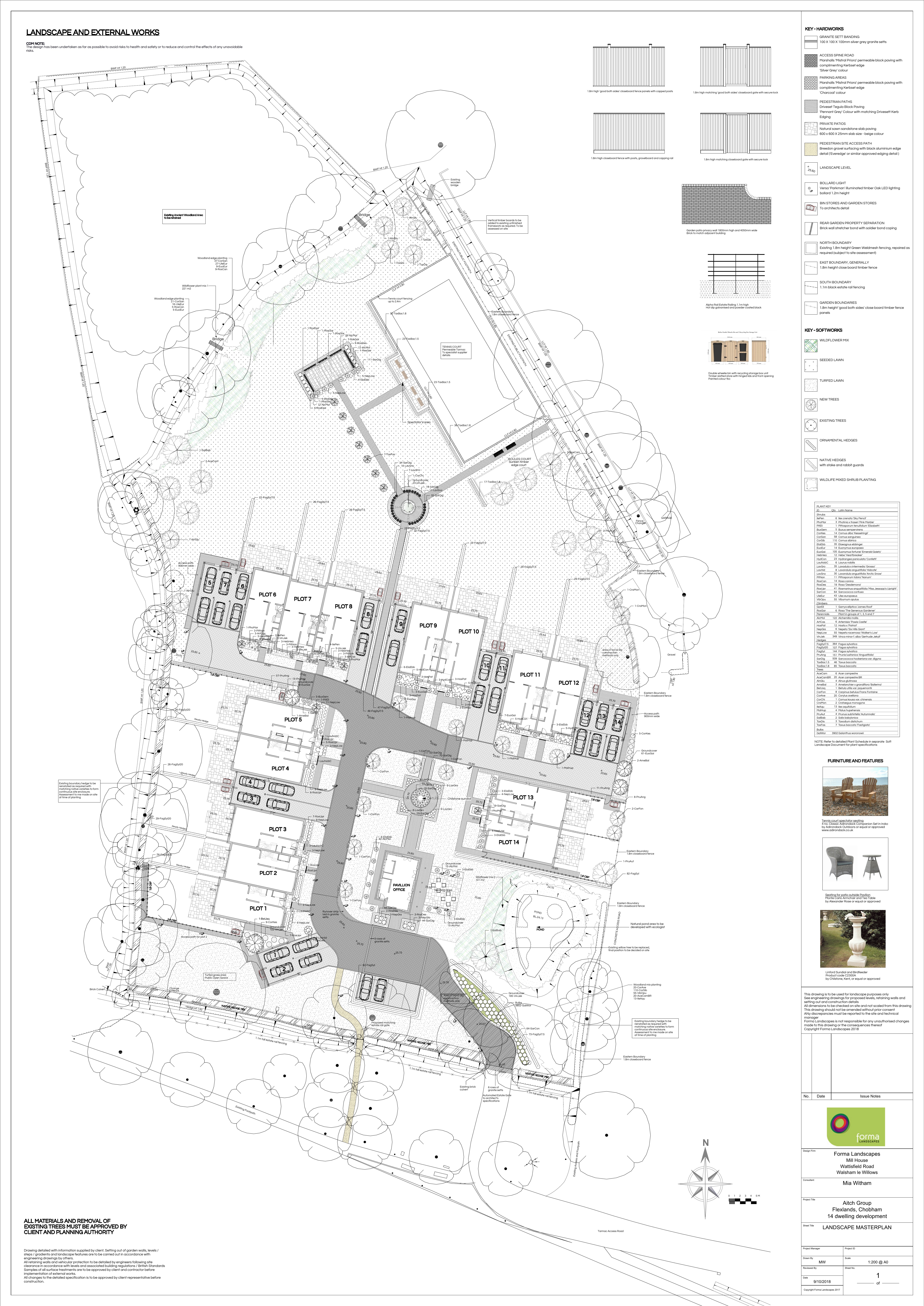 Landscape masterplan drawing showing the fourteen homes, private gardens, shared lawns, tennis court, pavilion, woodland-edge planting and wildlife pond
