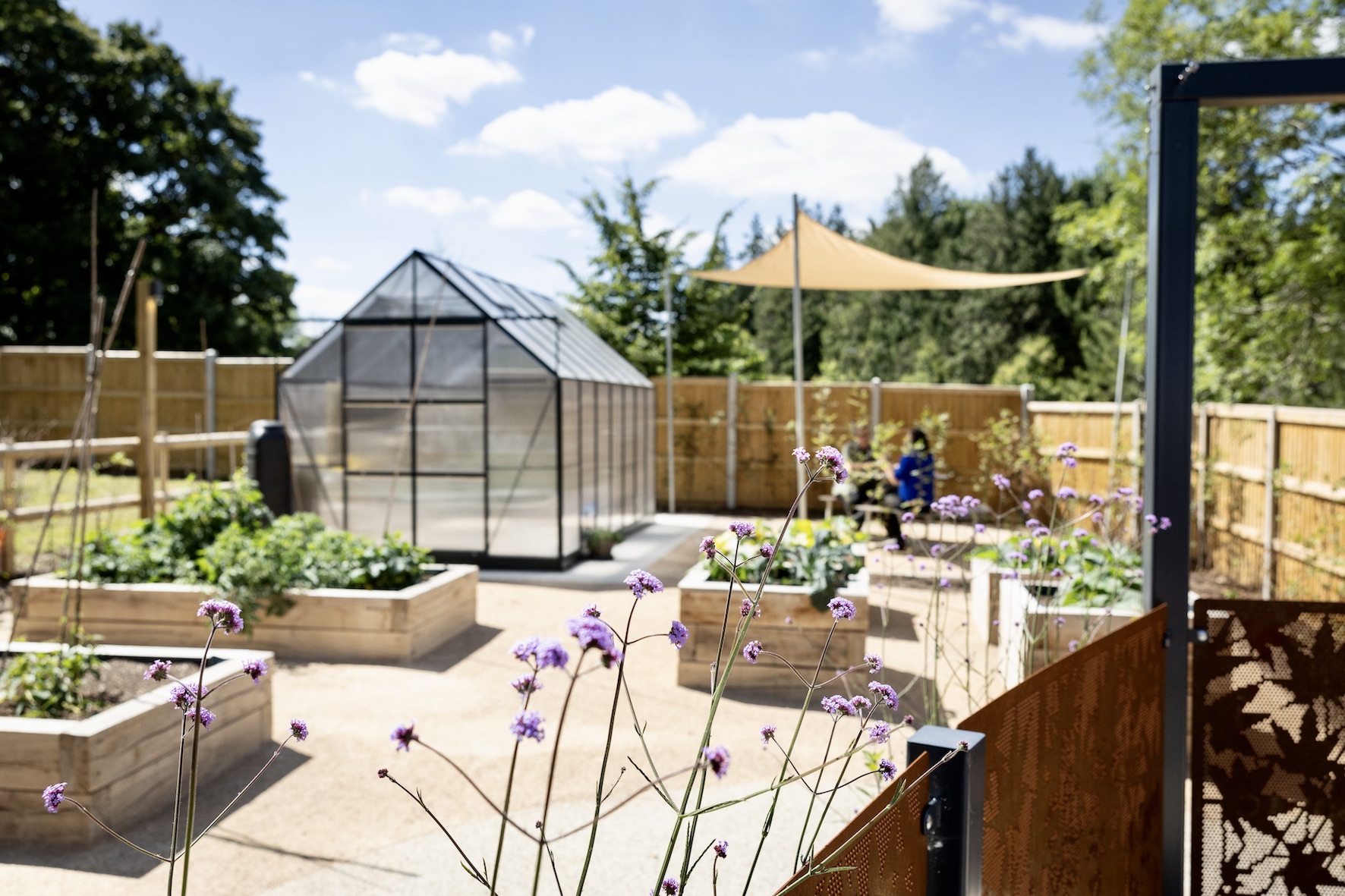 Greenhouse and raised growing beds in the kitchen garden beneath a shade sail