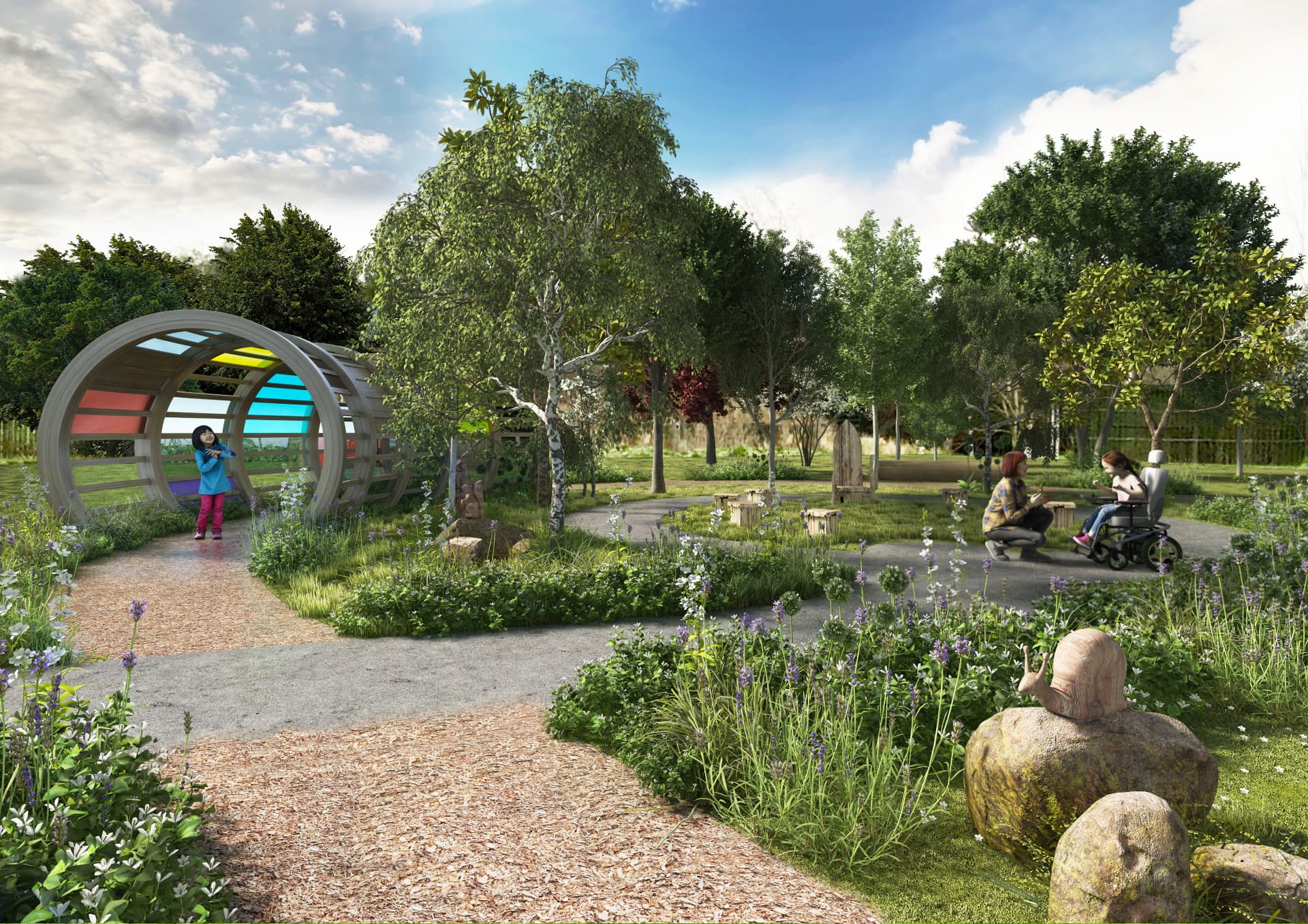 Wider planted play landscape with a curved rainbow structure, winding paths and sensory planting