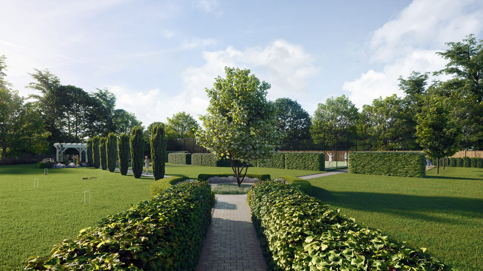 Formal garden with clipped hedges, a paved path and a specimen tree beside the recreational lawn