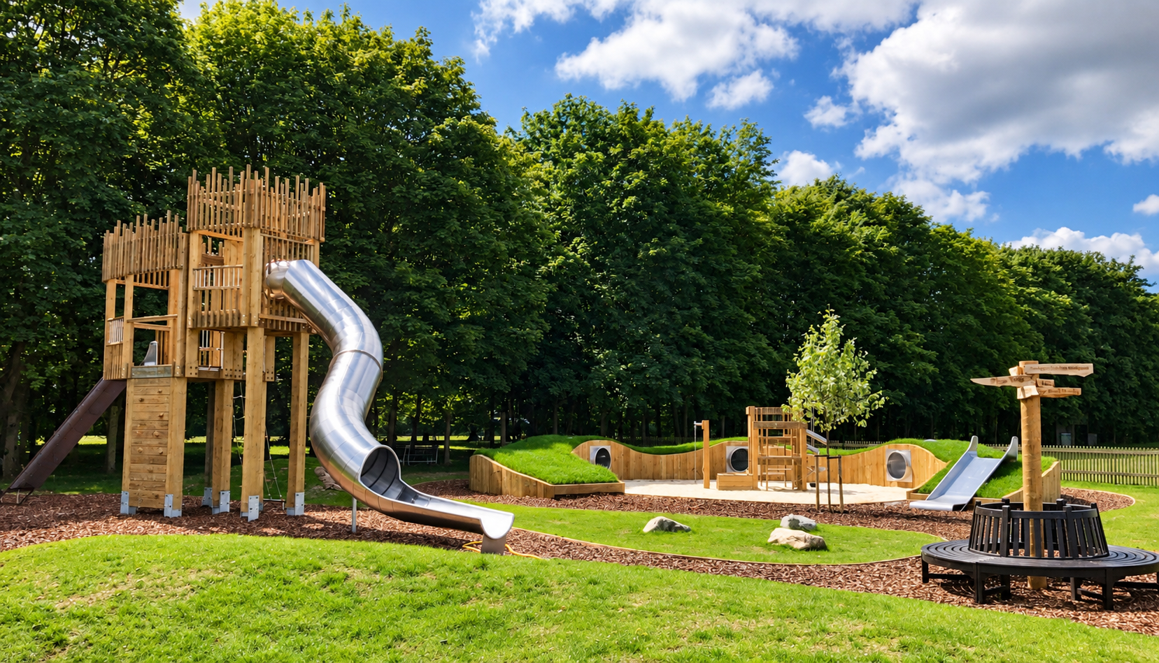Newmarket Racecourse Family Enclosure playground with timber tower, curved slide, grass-covered play mounds and woodland beyond
