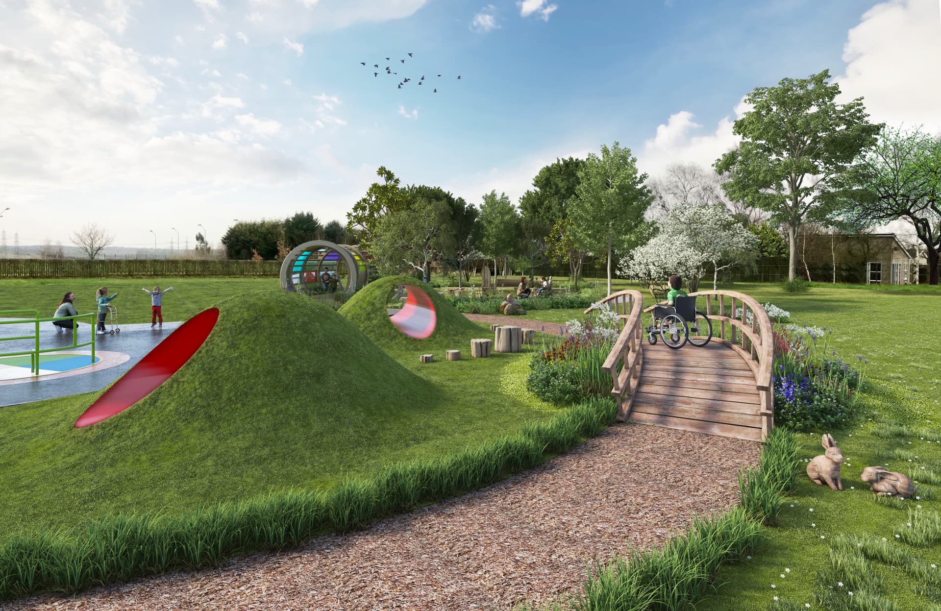 Grass mound, bridge and play journey winding through the school landscape