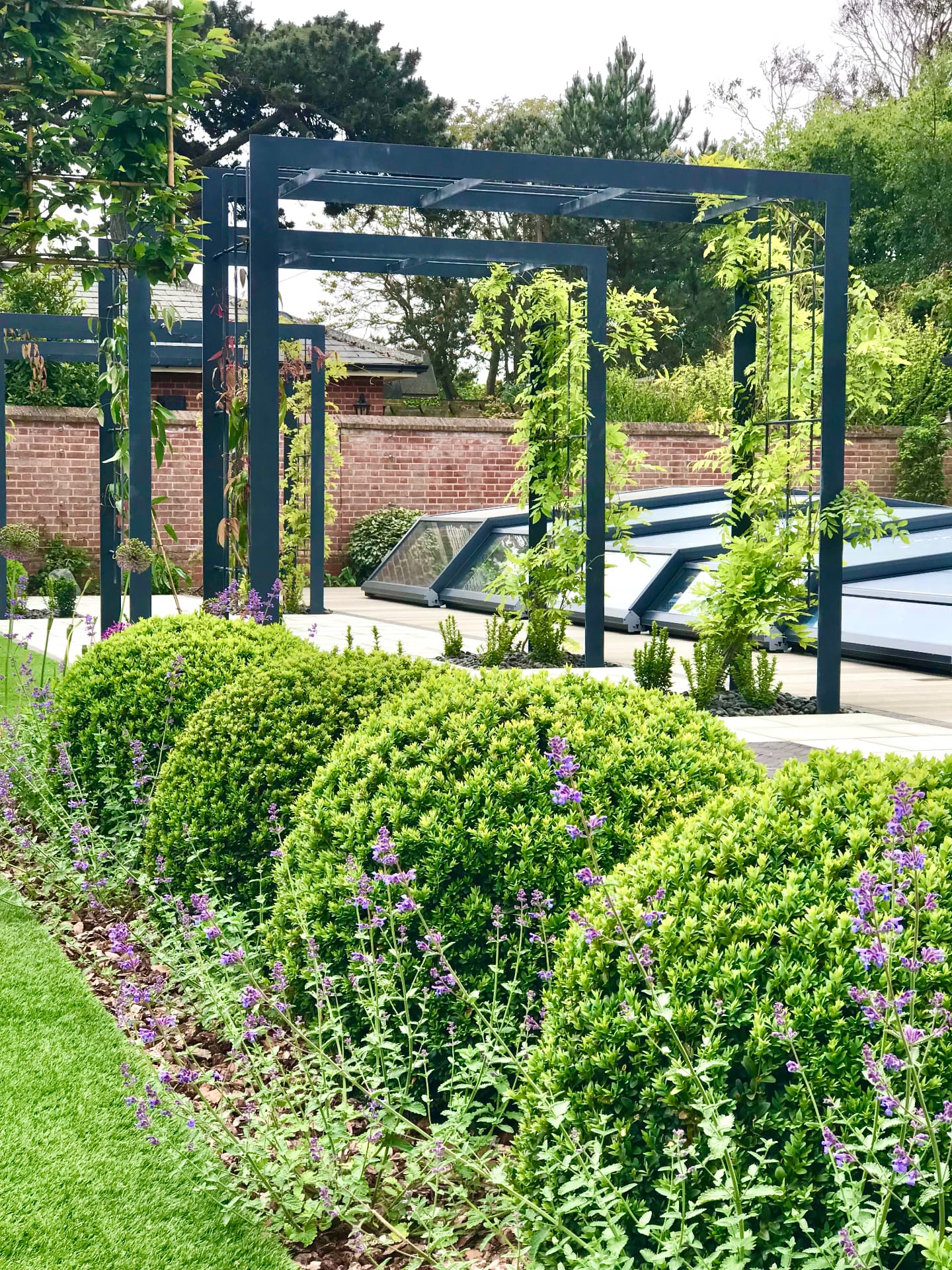 Dark bespoke pergola with clipped forms and purple planting