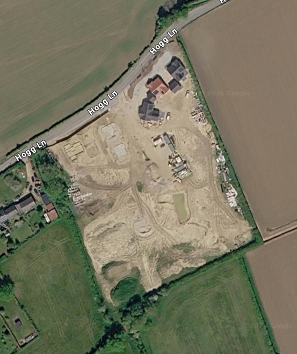 Aerial view of the Hogg Lane development site within surrounding agricultural fields