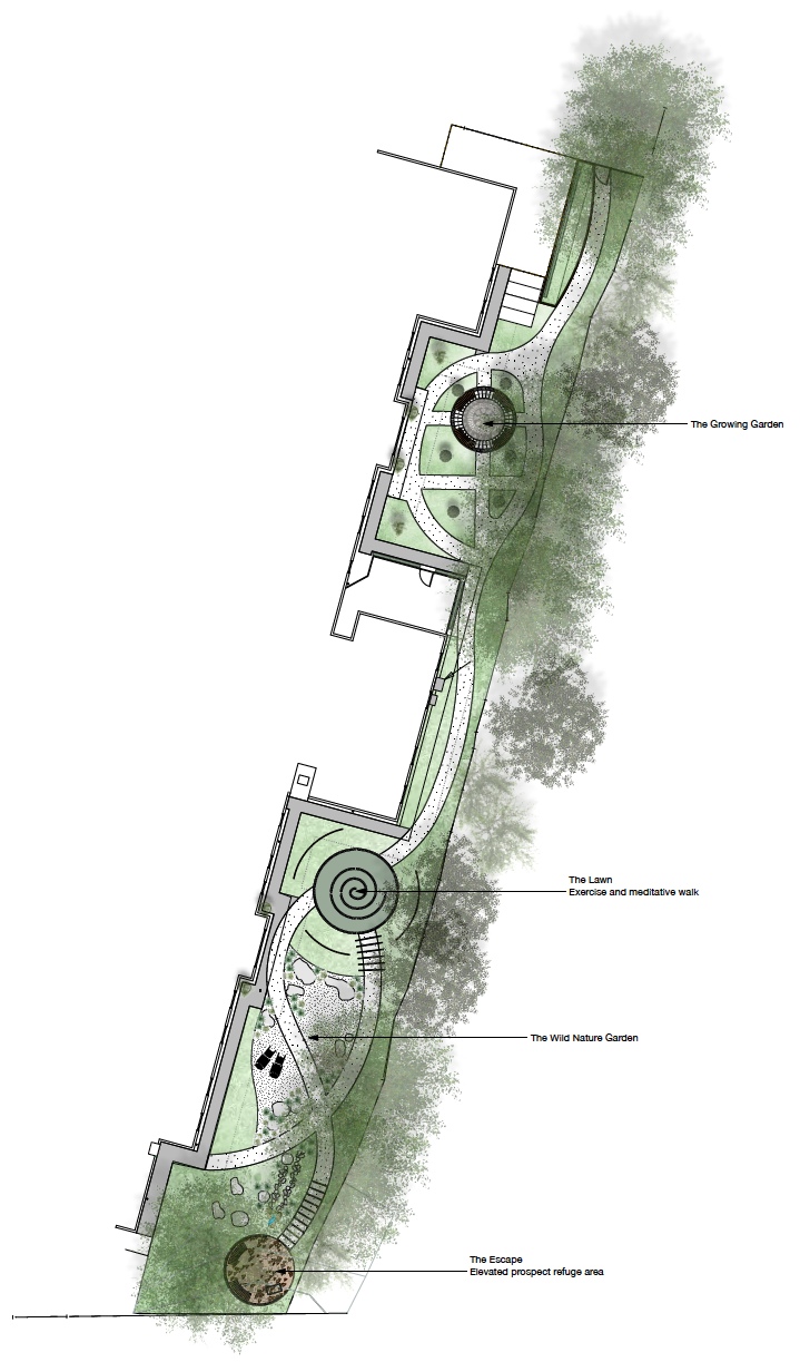 Wedgwood House landscape plan tracing the Escape, Wild Nature Garden, meditative lawn and Growing Garden