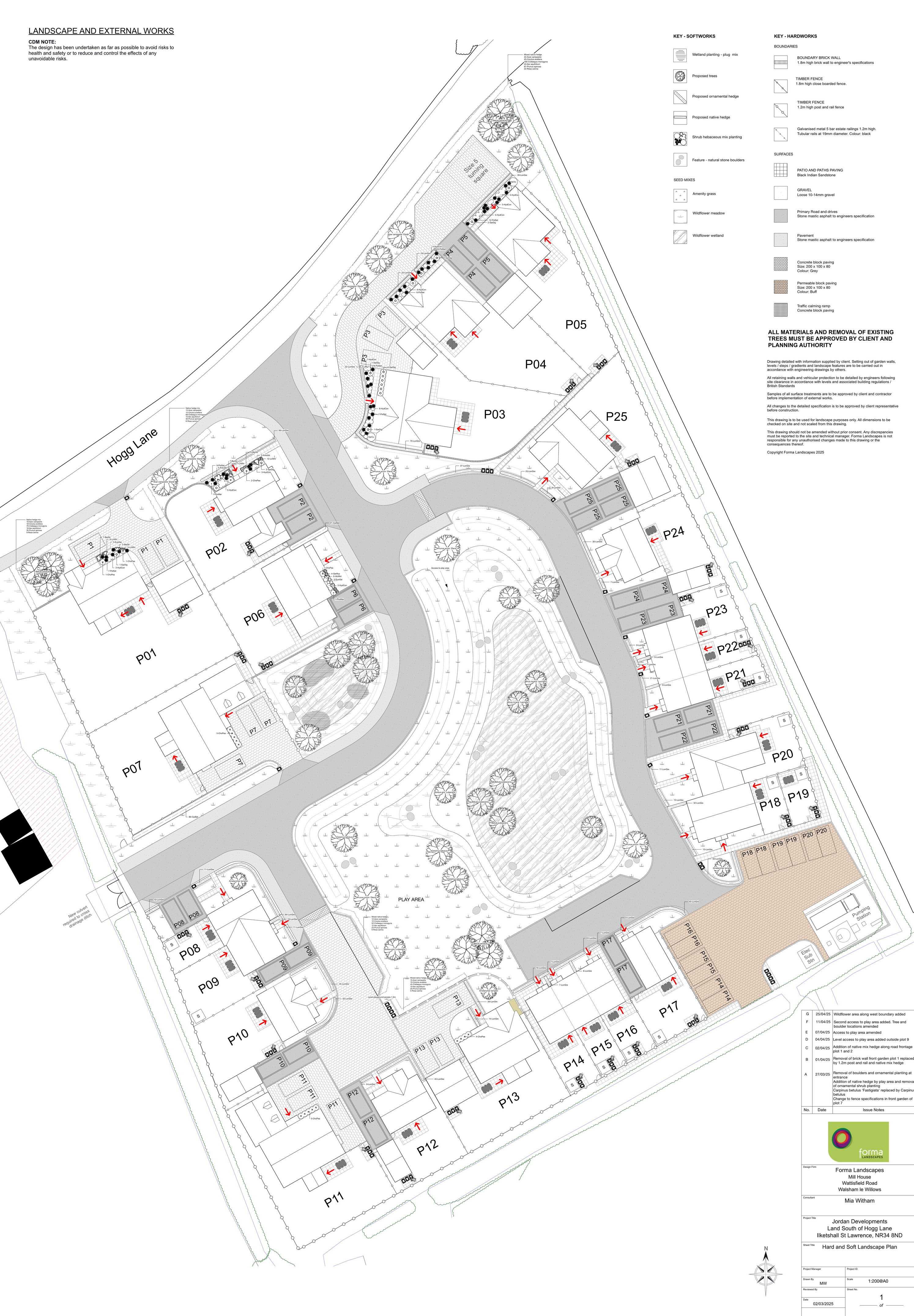 Hard and soft landscape plan for Hogg Lane showing the housing, central open space, roads, trees, planting and drainage landscape