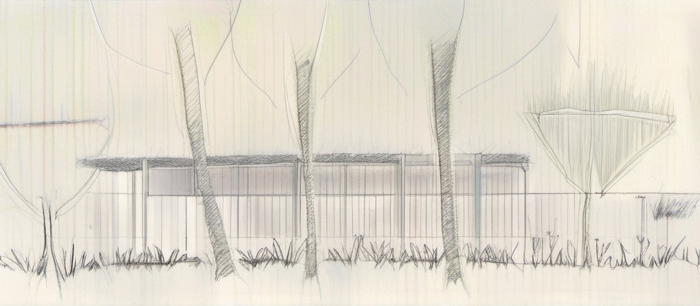 Hand-drawn spatial study of tree trunks, structural planting and the building edge